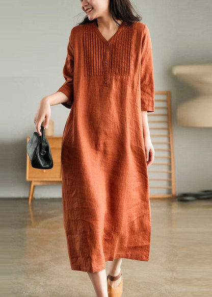 Purple Loose Linen Long Dresses Button Half Sleeve