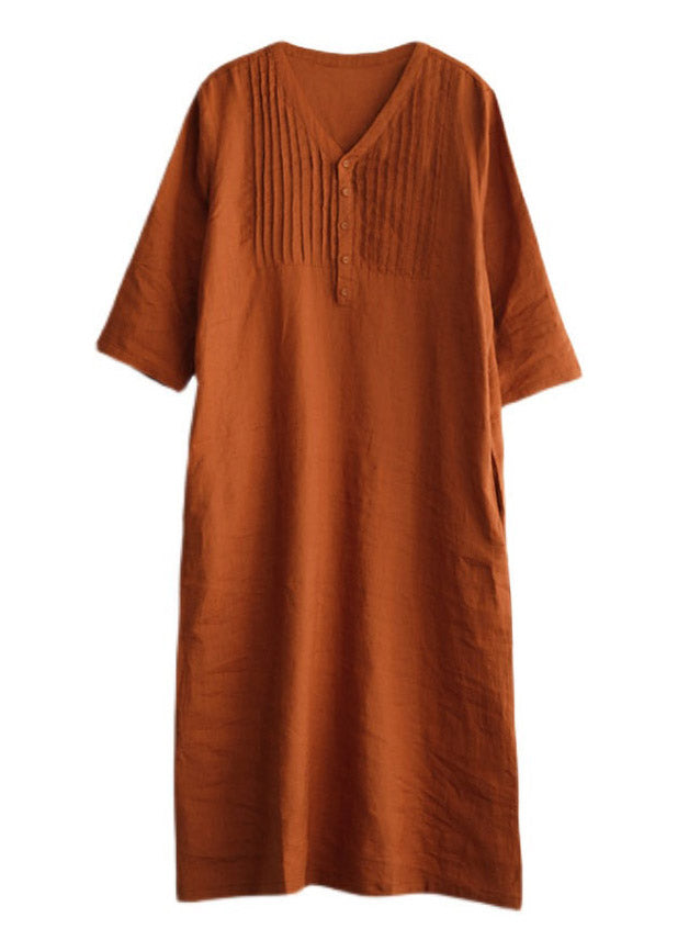 Light Green Loose Linen Long Dresses Button Half Sleeve