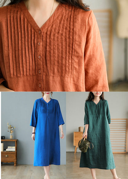 Grey Print6 Loose Linen Long Dresses Button Half Sleeve
