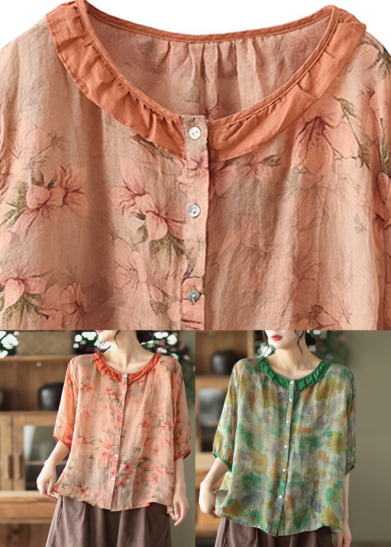 Orange O-neck Button Ramie Shirt Summer