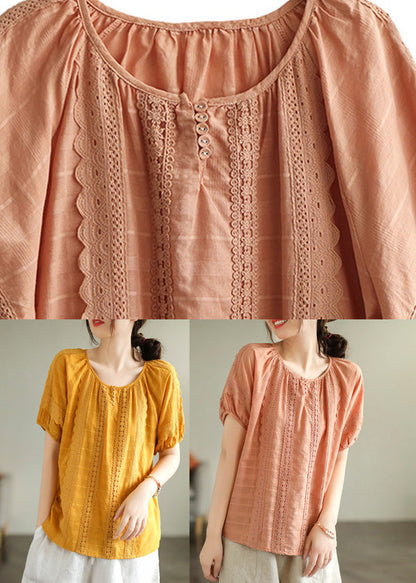 Orange O-neck Button Cotton Top Summer