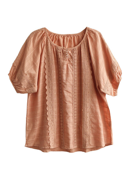 Orange O-neck Button Cotton Top Summer