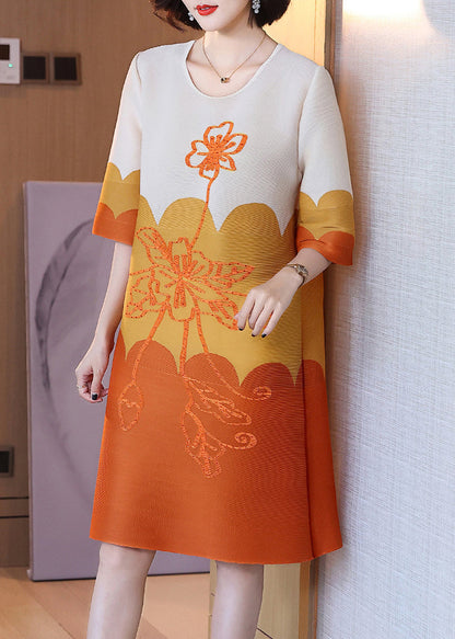 Orange O-neck Print Maxi Dress Half Sleeve