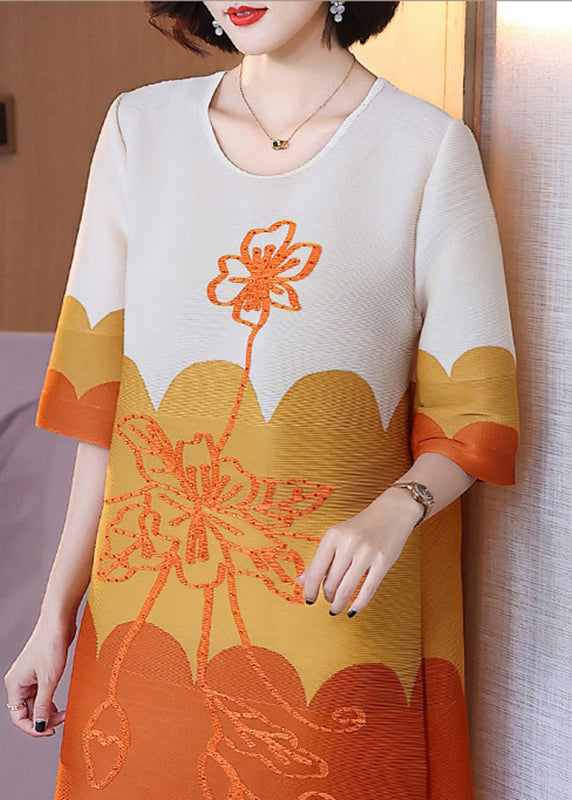 Orange O-neck Print Maxi Dress Half Sleeve