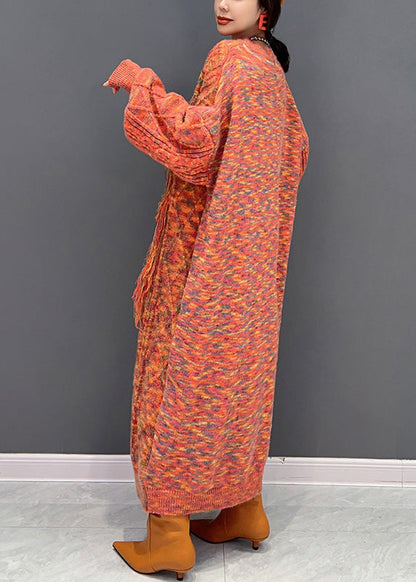 Orange O-neck Tassel Knit Holiday Maxi Sweaters Dress Winter