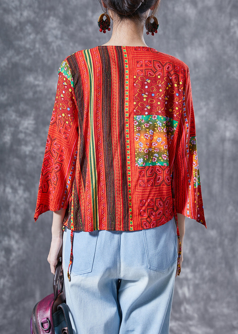 Orange Patchwork Cotton Blouse Top Oversized Lace Up Bracelet Sleeve