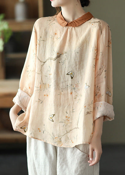 Orange Peter Pan Collar Ramie Shirt Long Sleeve