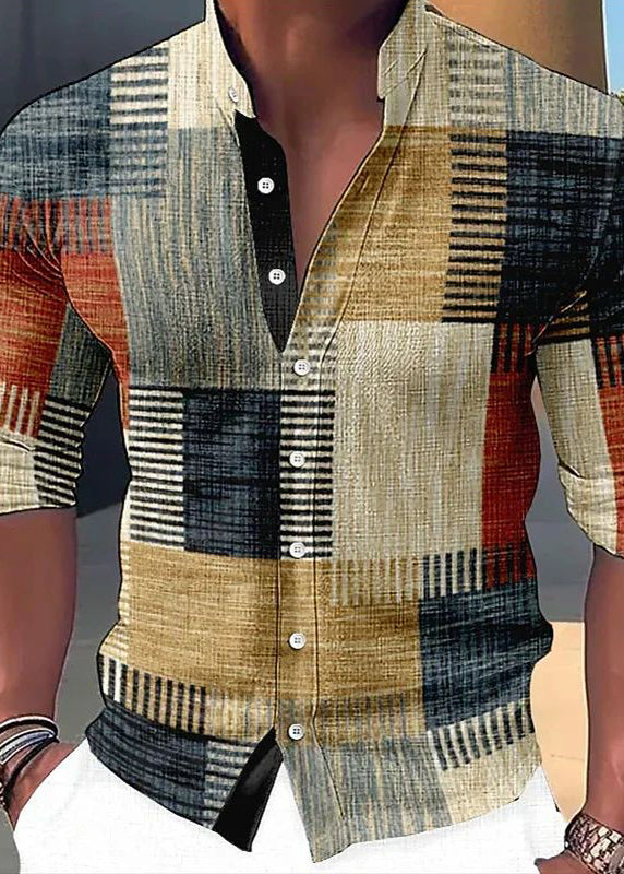 Orange Plaid Button Cotton Shirts Stand Collar Fall