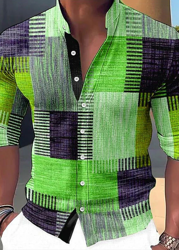 Orange Plaid Button Cotton Shirts Stand Collar Fall