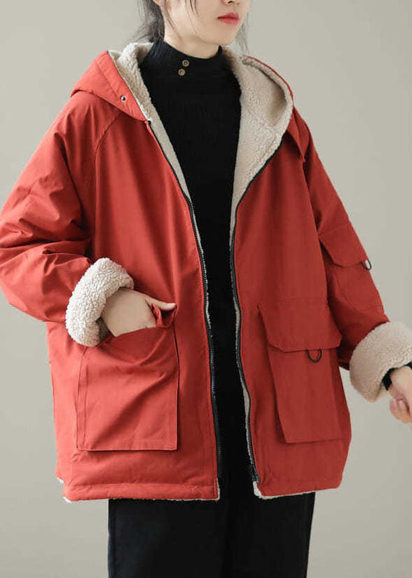 Orange Pockets Wear on Both Sides Thick Hooded Jacket Long Sleeve