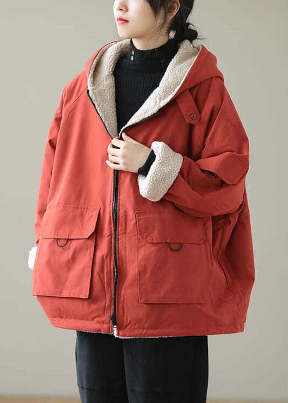 Orange Pockets Wear on Both Sides Thick Hooded Jacket Long Sleeve
