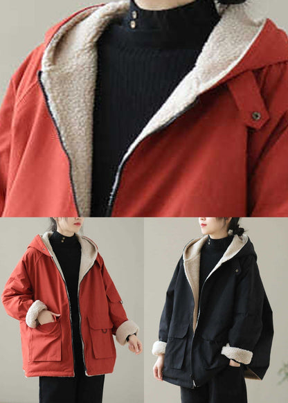 Orange Pockets Wear on Both Sides Thick Hooded Jacket Long Sleeve