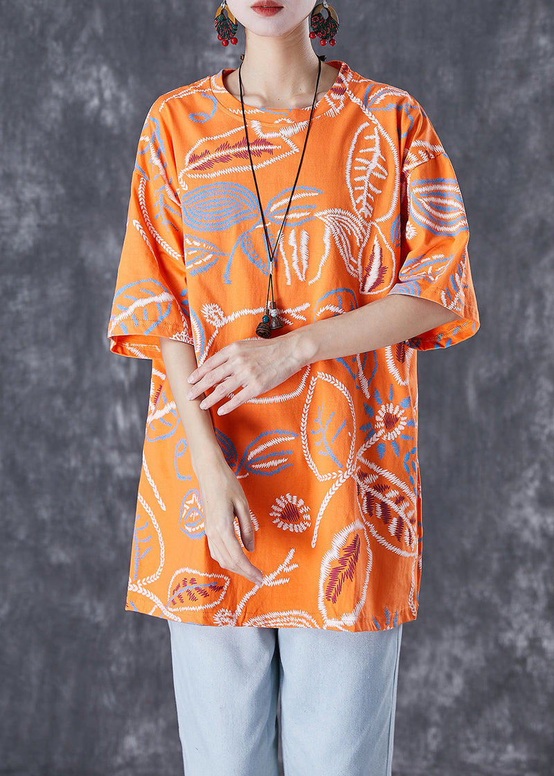 Orange Print Cotton Tank Oversized O-neck Summer
