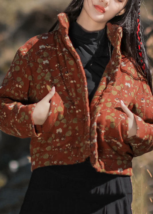 Orange Print Fine Cotton Filled Parka Stand Collar Pockets Winter