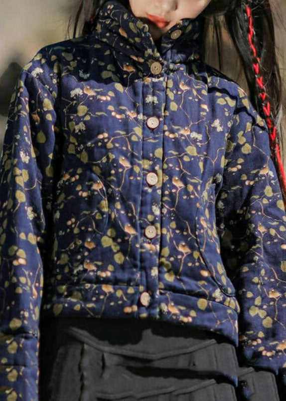 Orange Print Fine Cotton Filled Parka Stand Collar Pockets Winter