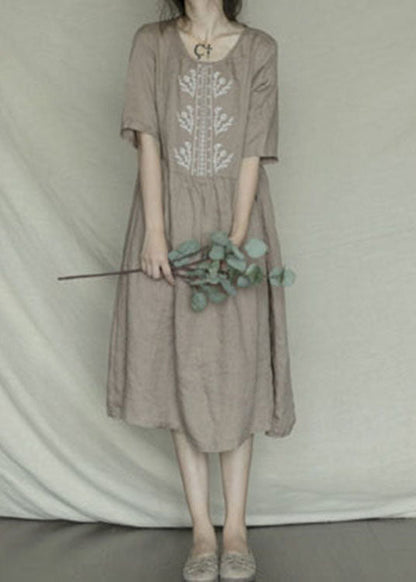 Orange Red O-neck Patchwork Linen Long Dress Short Sleeve
