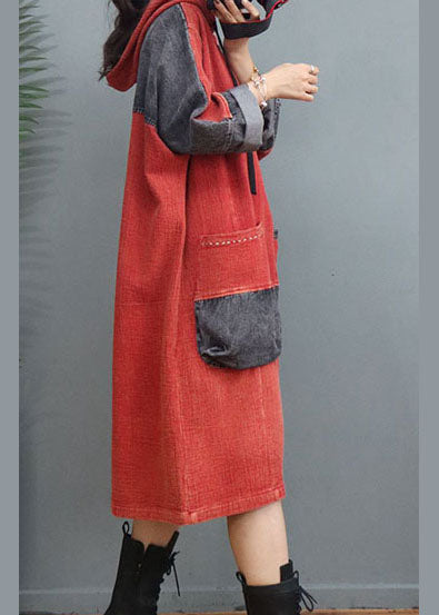 Orange Red Drawstring Button Patchwork Dress Spring