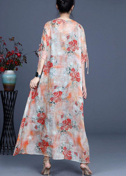 Orange Slim Fit Print Asymmetrical Summer Ramie Maxi Dress Half Sleeve