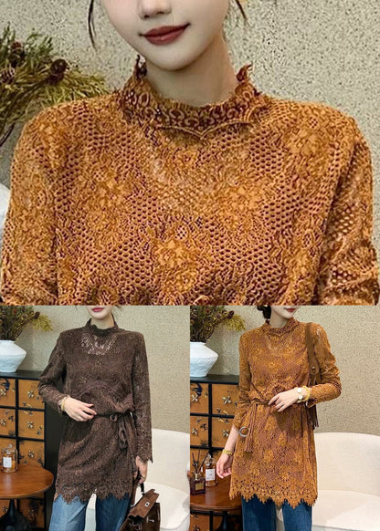 Orange Tie Waist Lace Mini Dresses Hollow Out