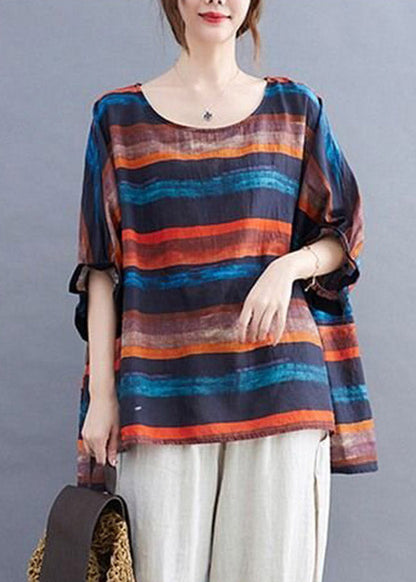Orange Striped O-neck T Shirt Batwing Sleeve