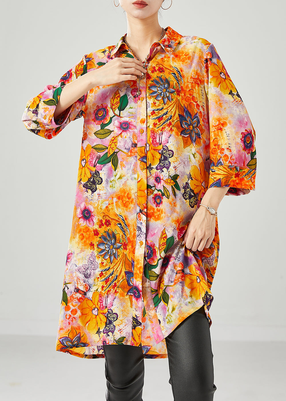 Orange Yellow Chiffon Long Shirt Oversized Bracelet Sleeve