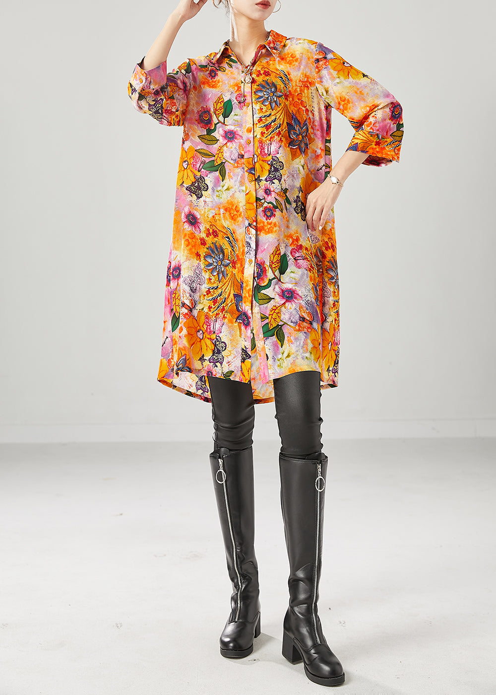 Orange Yellow Chiffon Long Shirt Oversized Bracelet Sleeve