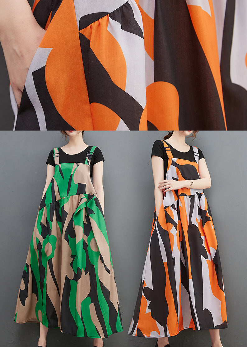 Orange Print Patchwork Long Spaghetti Strap Dresses Ruffles Summer