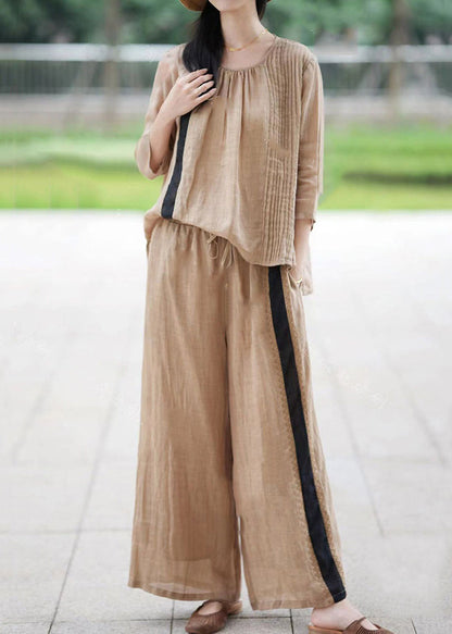 Organic Apricot O-neck Tops and Pants Linen Sets 2 Pieces Fall