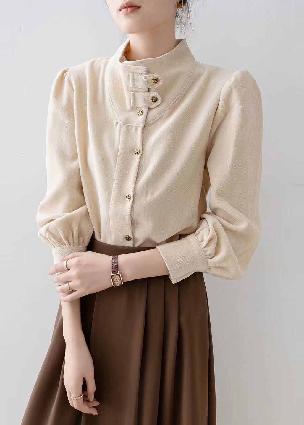 Organic Apricot Stand Collar Velour Shirt Top Spring
