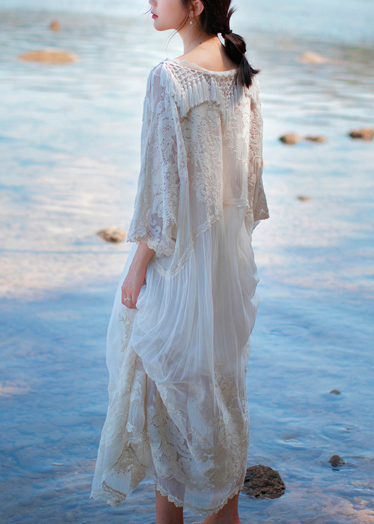 Organic Beige O-neck Embroideried Lace Tassel Silk Long Dress Long Sleeve