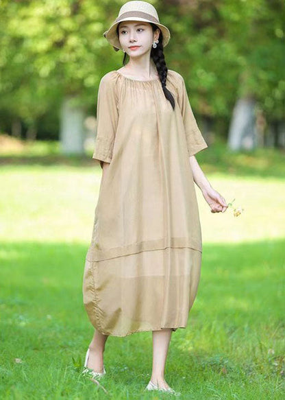 Organic Beige O-neck Wrinkled Patchwork Linen Two Pieces Set Dress Summer