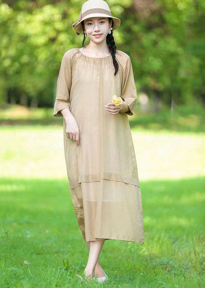 Organic Beige O-neck Wrinkled Patchwork Linen Two Pieces Set Dress Summer