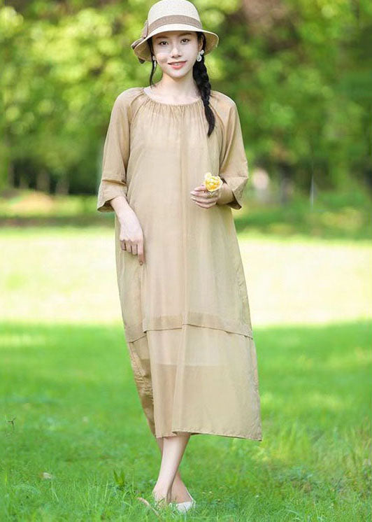 Organic Beige O-neck Wrinkled Patchwork Linen Two Pieces Set Dress Summer