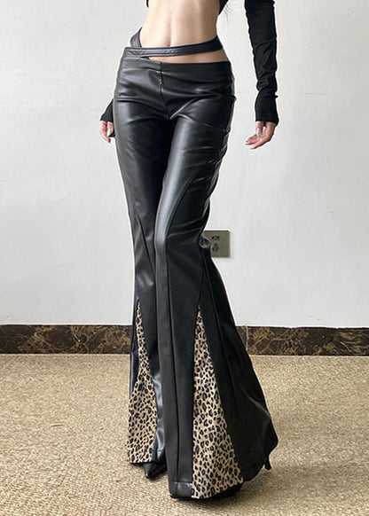 Organic Black Asymmetrical Patchwork Leopard Faux Leather Flare Bottoms Spring