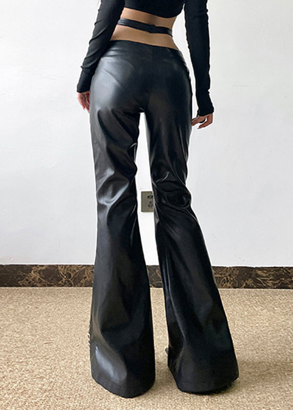 Organic Black Asymmetrical Patchwork Leopard Faux Leather Flare Bottoms Spring