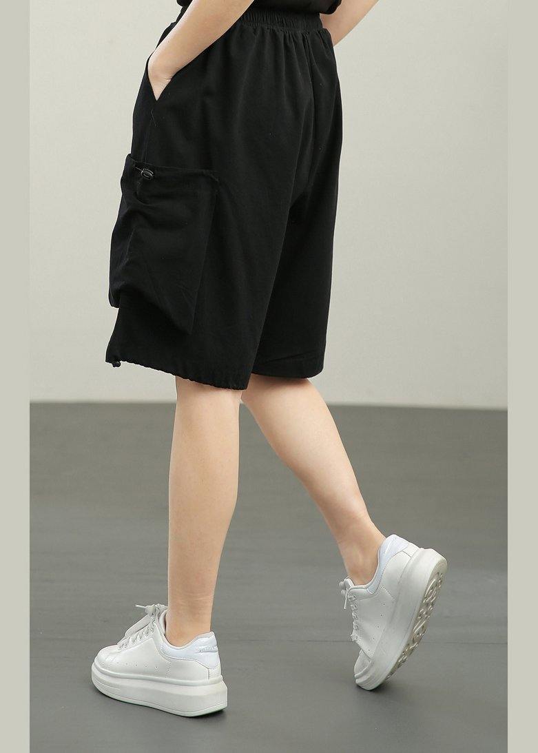 Organic Black Elastic Waist Hot Pants Summer