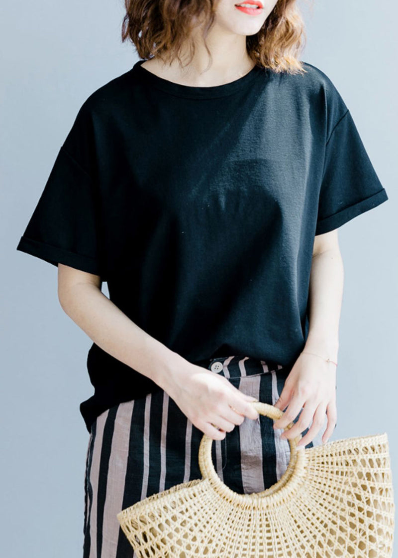 Organic Black O-neck Bow Cotton Tops Short Sleeve