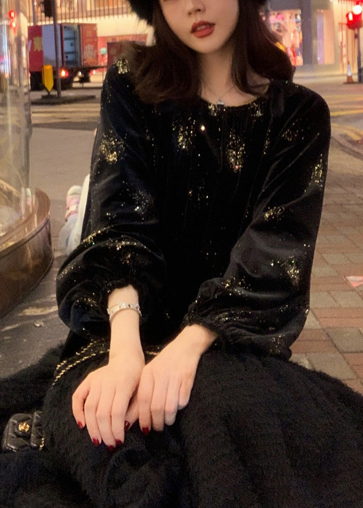 Organic Black O-neck Patchwork Sequins Silk Velvet Maxi Dress Spring