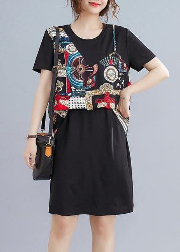 Organic Black Patchwork Beige Summer Chiffon Dress