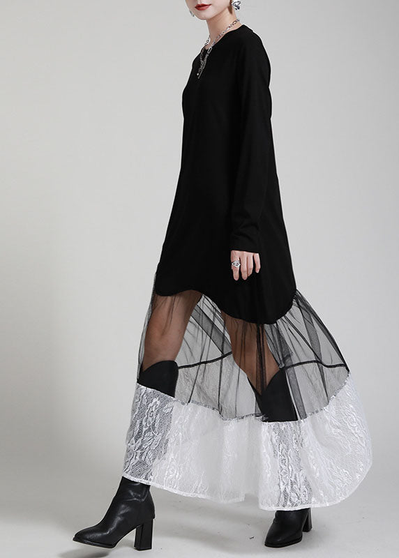 Organic Black Patchwork Lace Tulle Asymmetrical Design Fall Maxi Dress Long Sleeve