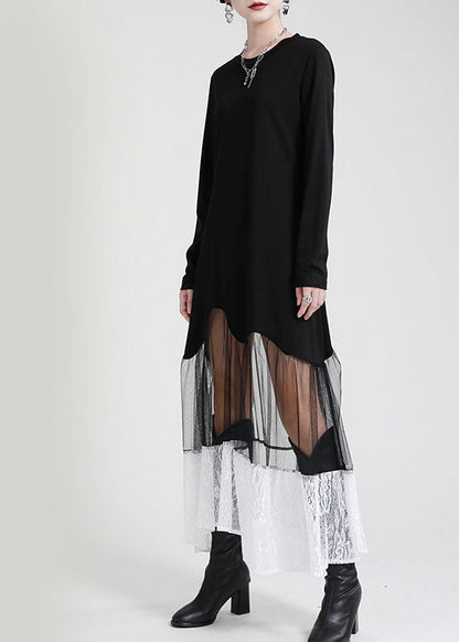 Organic Black Patchwork Lace Tulle Asymmetrical Design Fall Maxi Dress Long Sleeve