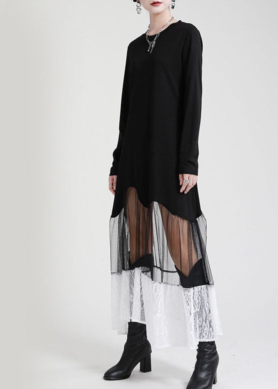 Organic Black Patchwork Lace Tulle Asymmetrical Design Fall Maxi Dress Long Sleeve