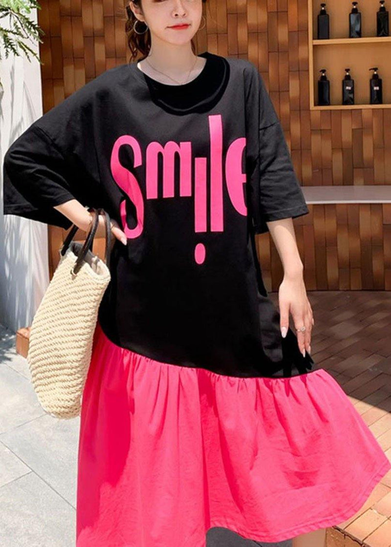 Organic Black Patchwork Rose O-neck Summer Maxi Dress Half Sleeve