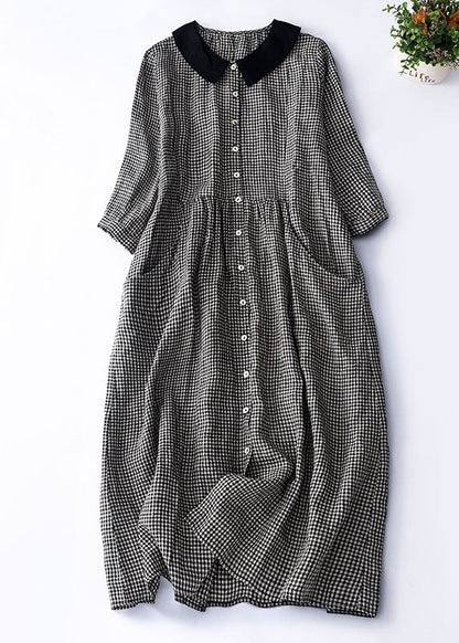 Organic Brown Plaid Peter Pan Collar Patchwork Linen Dresses Summer