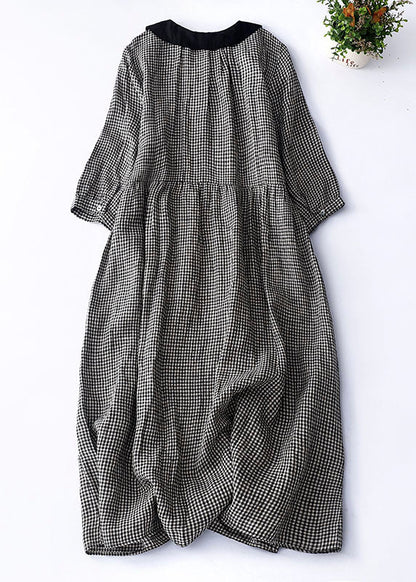 Organic Purple Plaid Peter Pan Collar Patchwork Linen Dresses Summer