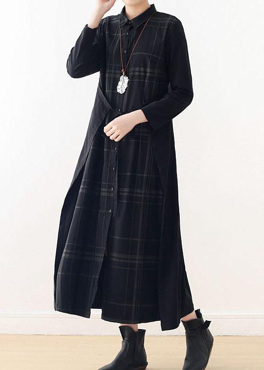 Organic Black Plaid Tie Long Sleeve Holiday Dress Fall