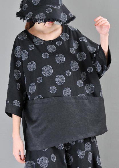 Organic Black Print Patchwork Cotton Linen Summer Shirt