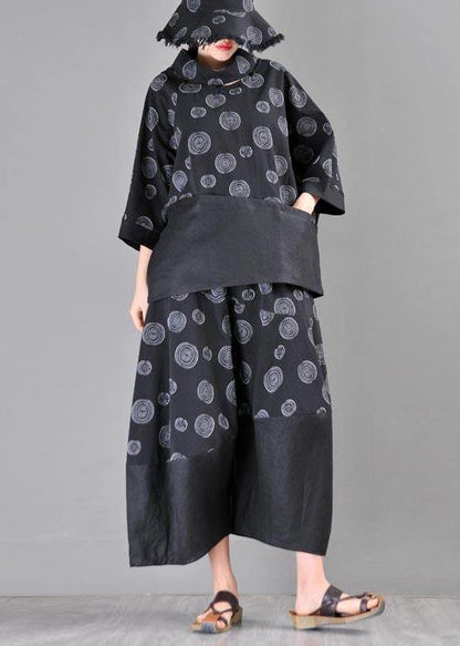 Organic Black Print Patchwork Cotton Linen Summer Shirt