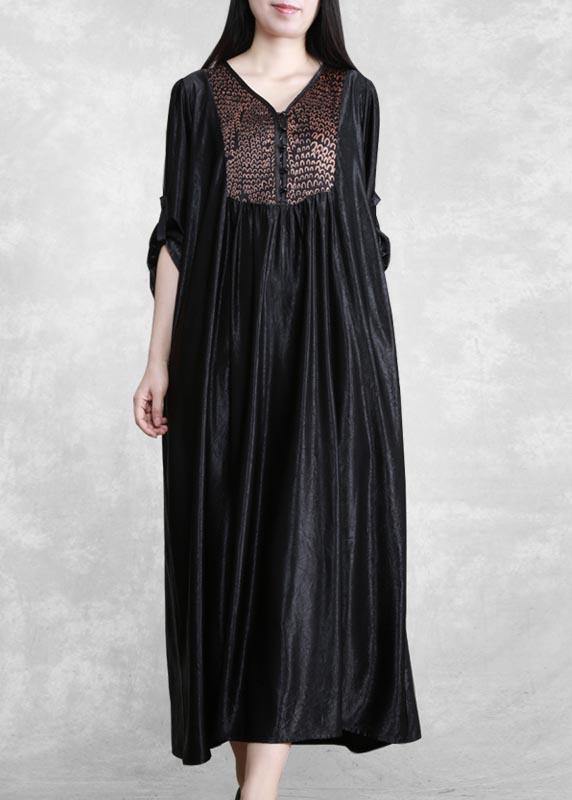 Organic Black Quilting Clothes V Neck Patchwork Robes Spring Dress