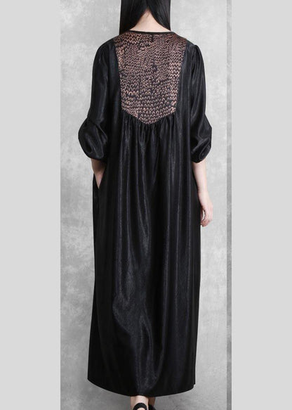 Organic Black Quilting Clothes V Neck Patchwork Robes Spring Dress